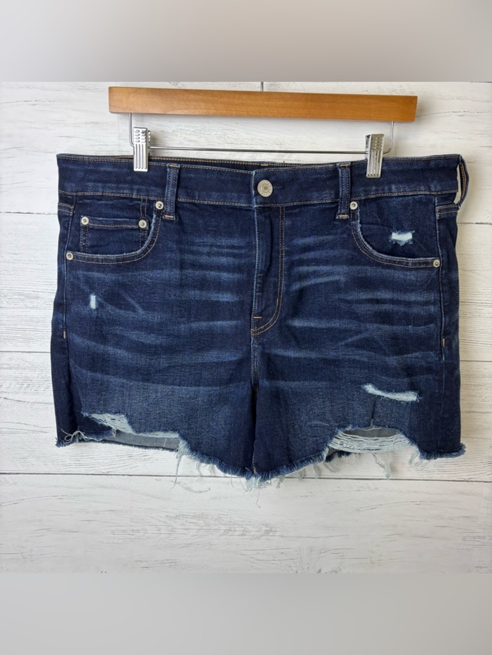American Eagle Midi Cutoff Denim Shorts Dark Wash Distressed 18 - High Rise